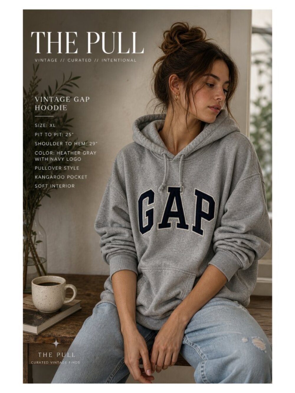 Vintage GAP Hoodie Gray Navy Logo Sweatshirt Y2K 90s Style Pullover Size XL